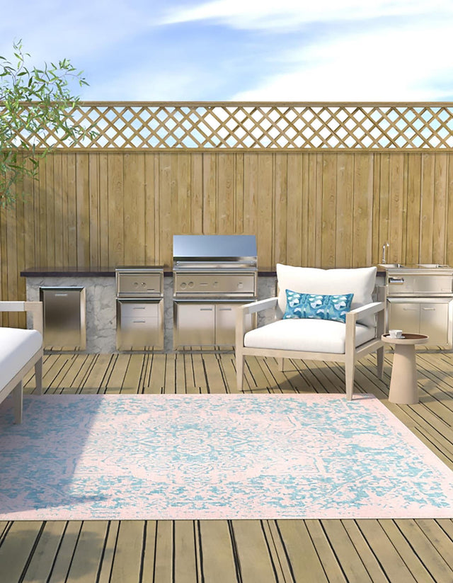 Pink and Aqua 7' 10 x 7' 10 Jill Zarin Outdoor Square Area Rug Weather Resistant for Patio, Deck, Terrace, Balcony, Porch Durable 100% Polypropylene Carpet for Outside for Sale at Rug Engine
