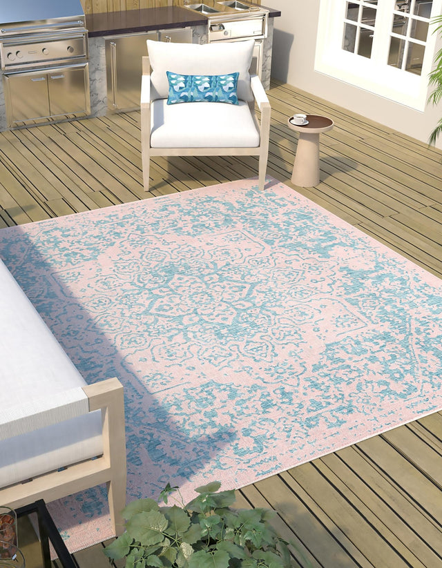 Pink and Aqua 10' 8 x 10' 8 Jill Zarin Outdoor Square Area Rug Weather Resistant for Patio, Deck, Terrace, Balcony, Porch Durable 100% Polypropylene Carpet for Outside for Sale at Rug Engine