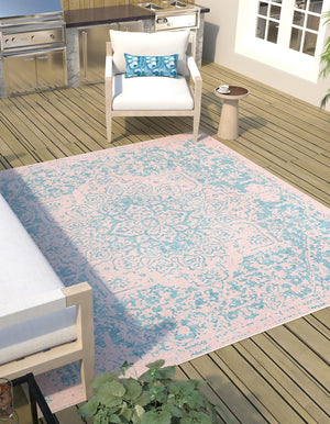 Pink and Aqua 7' 10 x 7' 10 Jill Zarin Outdoor Square Area Rug Weather Resistant for Patio, Deck, Terrace, Balcony, Porch Durable 100% Polypropylene Carpet for Outside for Sale at Rug Engine