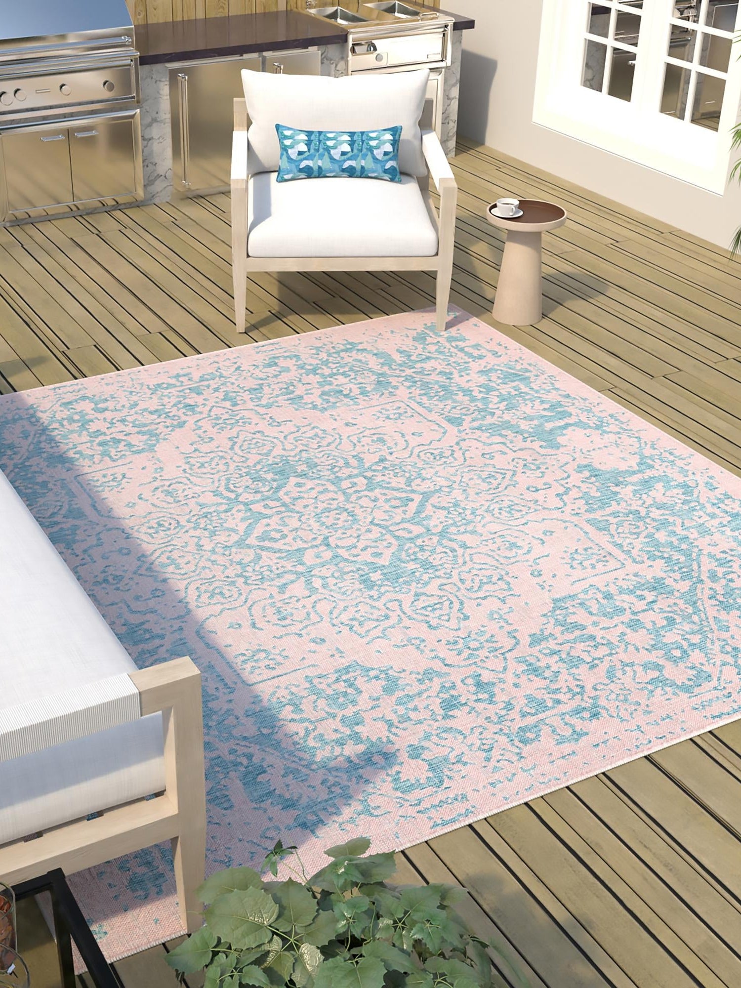 Pink and Aqua 13' 1 x 13' 1 Jill Zarin Outdoor Square Area Rug Weather Resistant for Patio, Deck, Terrace, Balcony, Porch Durable 100% Polypropylene Carpet for Outside for Sale at Rug Engine