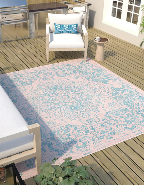 Pink and Aqua 13' 1 x 13' 1 Jill Zarin Outdoor Square Area Rug Weather Resistant for Patio, Deck, Terrace, Balcony, Porch Durable 100% Polypropylene Carpet for Outside for Sale at Rug Engine