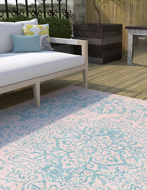 Pink and Aqua 7' 10 x 7' 10 Jill Zarin Outdoor Square Area Rug Weather Resistant for Patio, Deck, Terrace, Balcony, Porch Durable 100% Polypropylene Carpet for Outside for Sale at Rug Engine