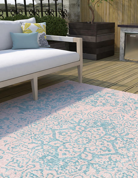Pink and Aqua 13' 1 x 13' 1 Jill Zarin Outdoor Square Area Rug Weather Resistant for Patio, Deck, Terrace, Balcony, Porch Durable 100% Polypropylene Carpet for Outside for Sale at Rug Engine