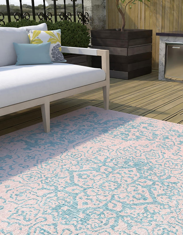 Pink and Aqua 13' 1 x 13' 1 Jill Zarin Outdoor Square Area Rug Weather Resistant for Patio, Deck, Terrace, Balcony, Porch Durable 100% Polypropylene Carpet for Outside for Sale at Rug Engine