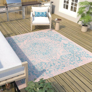Pink and Aqua 10' 8 x 10' 8 Jill Zarin Outdoor Square Area Rug Weather Resistant for Patio, Deck, Terrace, Balcony, Porch Durable 100% Polypropylene Carpet for Outside for Sale at Rug Engine