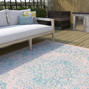 Pink and Aqua 10' 8 x 10' 8 Jill Zarin Outdoor Square Area Rug Weather Resistant for Patio, Deck, Terrace, Balcony, Porch Durable 100% Polypropylene Carpet for Outside for Sale at Rug Engine