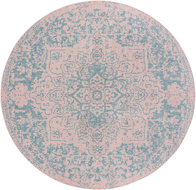 Pink and Aqua 10' 8 x 10' 8 Jill Zarin Outdoor Round Area Rug Weather Resistant for Patio, Deck, Terrace, Balcony, Porch Durable 100% Polypropylene Carpet for Outside for Sale at Rug Engine