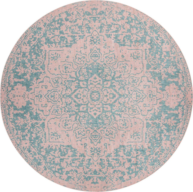 Pink and Aqua 13' 1 x 13' 1 Jill Zarin Outdoor Round Area Rug Weather Resistant for Patio, Deck, Terrace, Balcony, Porch Durable 100% Polypropylene Carpet for Outside for Sale at Rug Engine