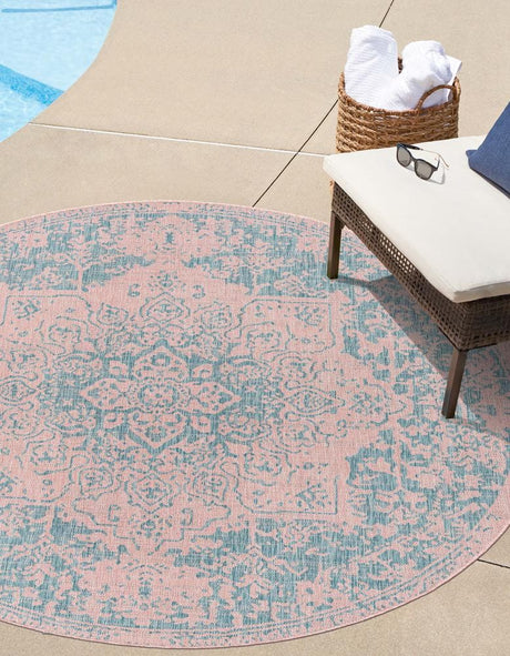Pink and Aqua 7' 1 x 7' 1 Jill Zarin Outdoor Round Area Rug Weather Resistant for Patio, Deck, Terrace, Balcony, Porch Durable 100% Polypropylene Carpet for Outside for Sale at Rug Engine