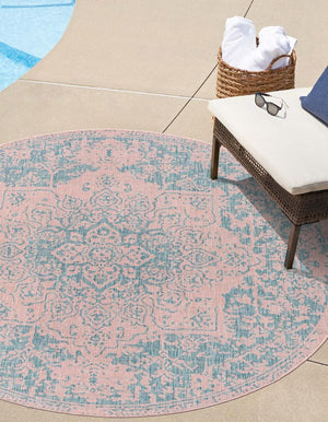 Pink and Aqua 3' 1 x 3' 1 Jill Zarin Outdoor Round Area Rug Weather Resistant for Patio, Deck, Terrace, Balcony, Porch Durable 100% Polypropylene Carpet for Outside for Sale at Rug Engine