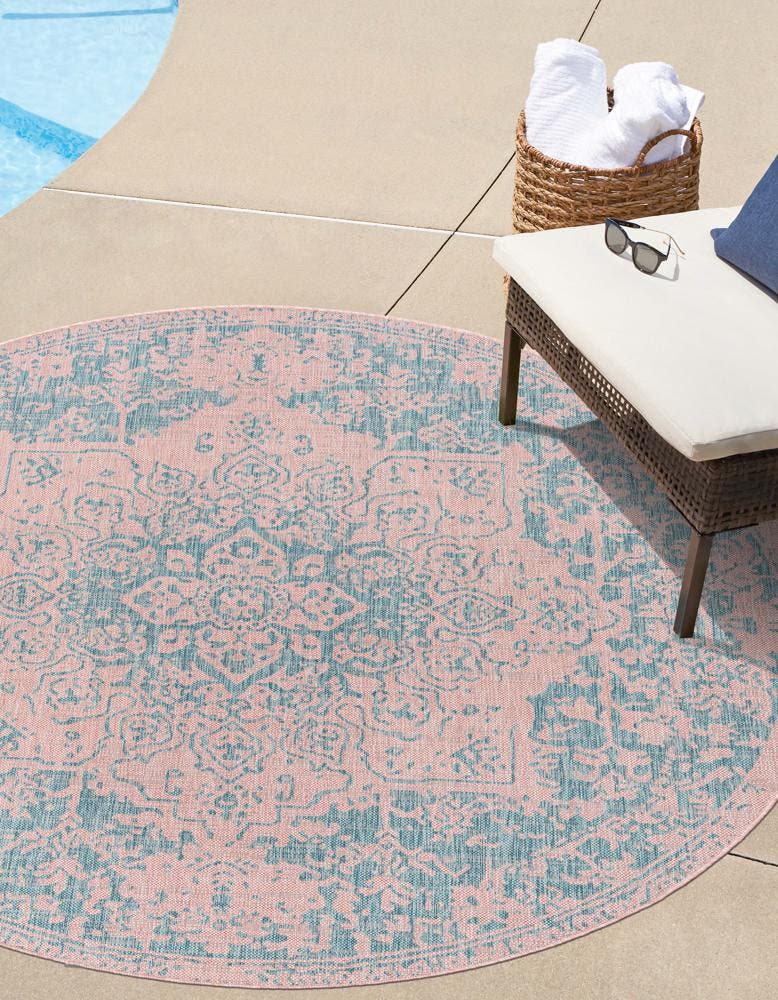 Pink and Aqua 10' 8 x 10' 8 Jill Zarin Outdoor Round Area Rug Weather Resistant for Patio, Deck, Terrace, Balcony, Porch Durable 100% Polypropylene Carpet for Outside for Sale at Rug Engine
