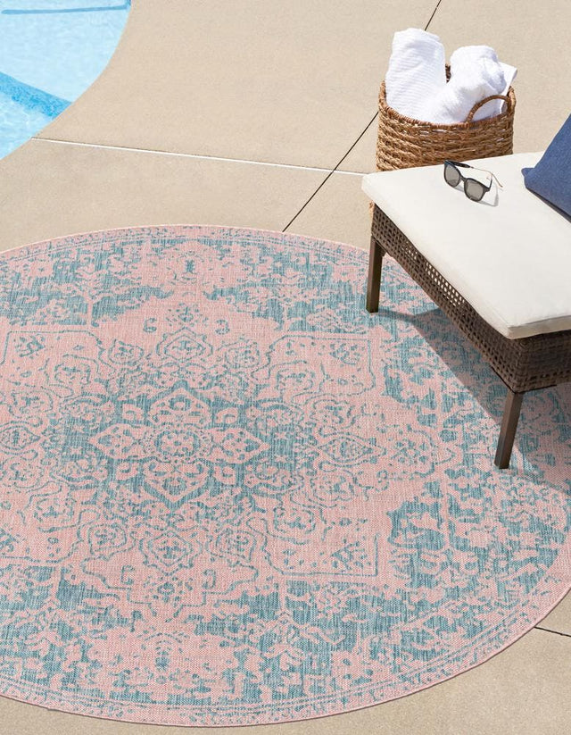 Pink and Aqua 10' 8 x 10' 8 Jill Zarin Outdoor Round Area Rug Weather Resistant for Patio, Deck, Terrace, Balcony, Porch Durable 100% Polypropylene Carpet for Outside for Sale at Rug Engine