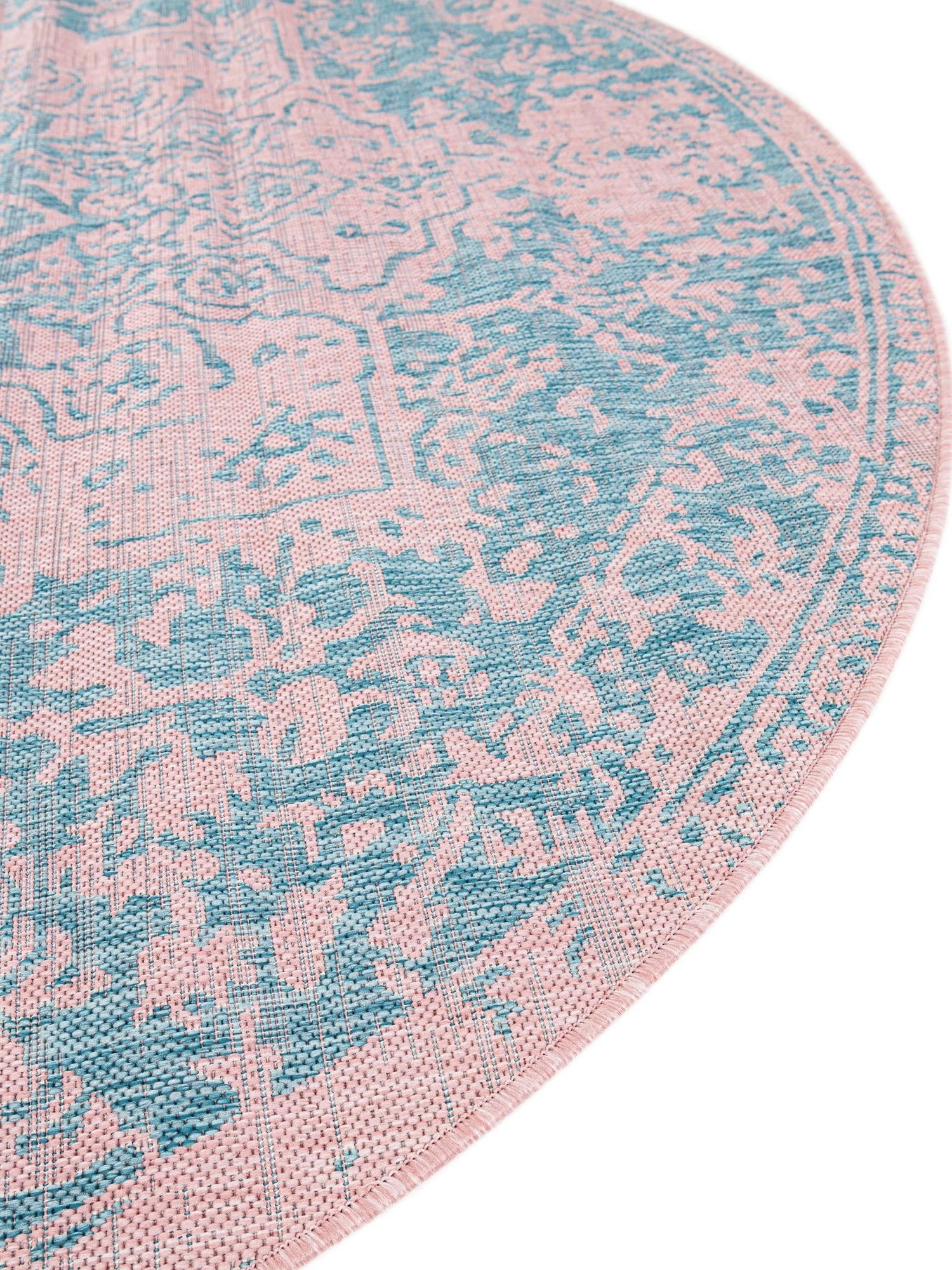 Pink and Aqua 13' 1 x 13' 1 Jill Zarin Outdoor Round Area Rug Weather Resistant for Patio, Deck, Terrace, Balcony, Porch Durable 100% Polypropylene Carpet for Outside for Sale at Rug Engine