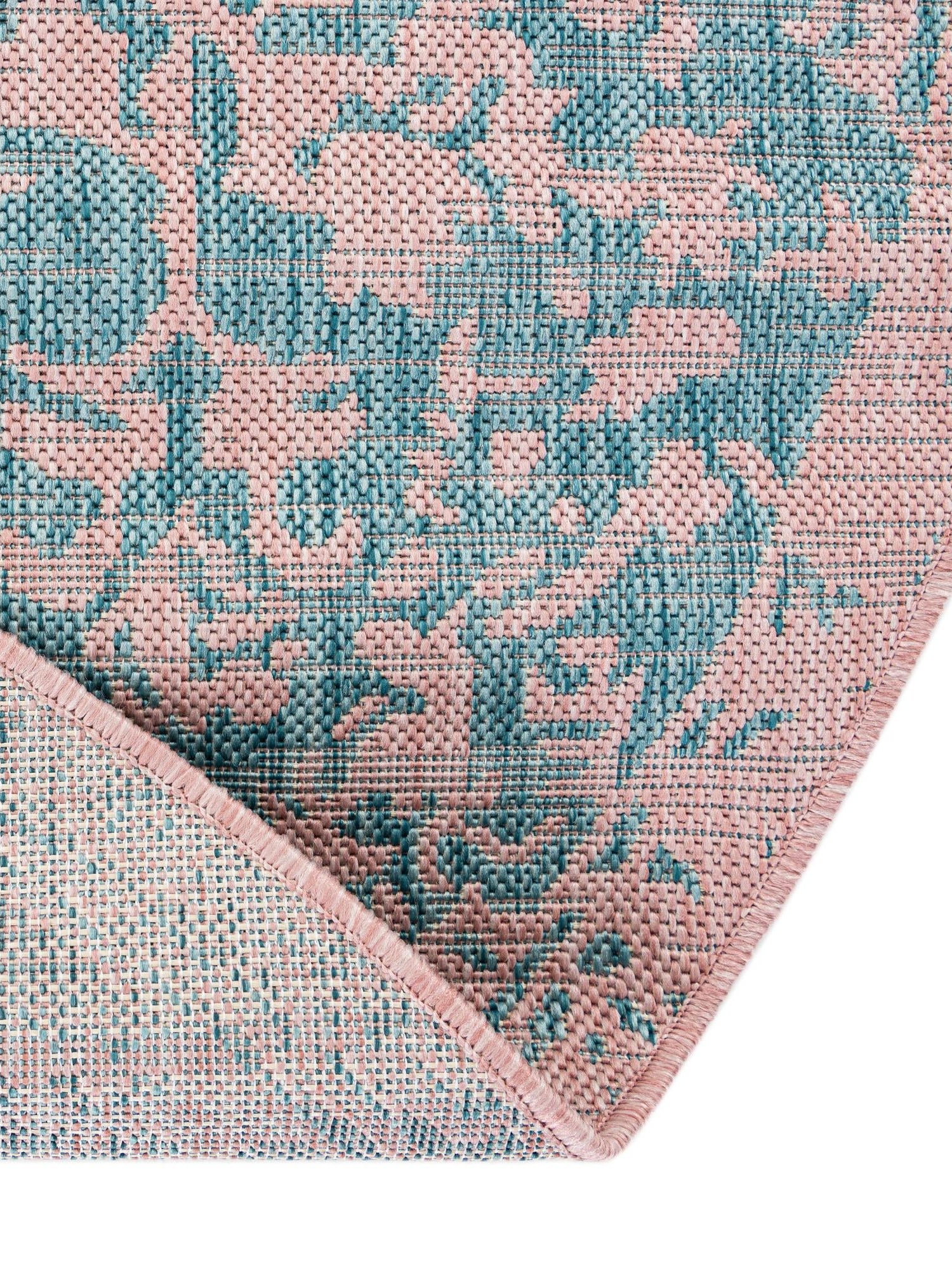 Pink and Aqua 10' 8 x 10' 8 Jill Zarin Outdoor Round Area Rug Weather Resistant for Patio, Deck, Terrace, Balcony, Porch Durable 100% Polypropylene Carpet for Outside for Sale at Rug Engine