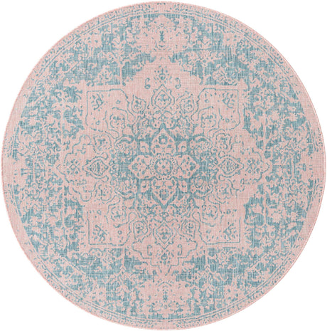 Pink and Aqua 7' 1 x 7' 1 Jill Zarin Outdoor Round Area Rug Weather Resistant for Patio, Deck, Terrace, Balcony, Porch Durable 100% Polypropylene Carpet for Outside for Sale at Rug Engine