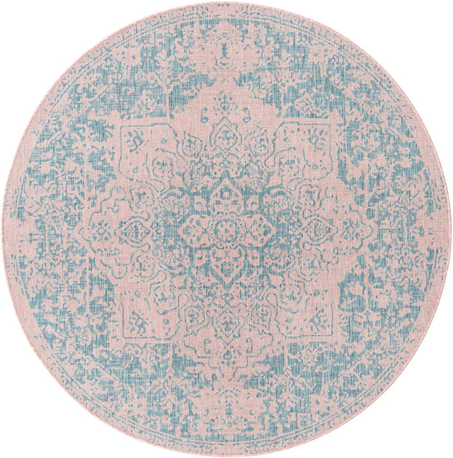 Pink and Aqua 7' 1 x 7' 1 Jill Zarin Outdoor Round Area Rug Weather Resistant for Patio, Deck, Terrace, Balcony, Porch Durable 100% Polypropylene Carpet for Outside for Sale at Rug Engine