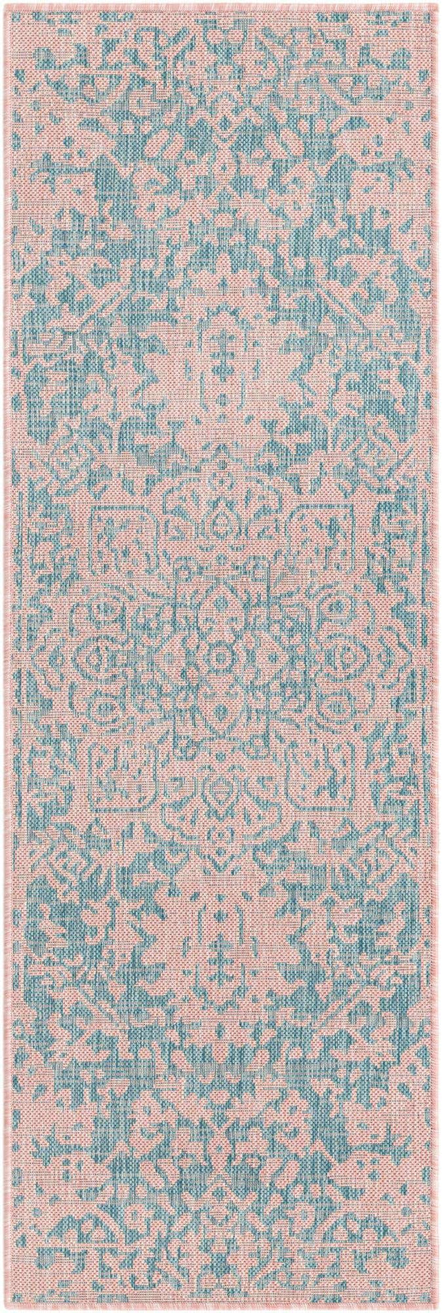 Pink and Aqua 2' x 6' 1 Jill Zarin Outdoor Runner Area Rug Weather Resistant for Patio, Deck, Terrace, Balcony, Porch Durable 100% Polypropylene Carpet for Outside for Sale at Rug Engine