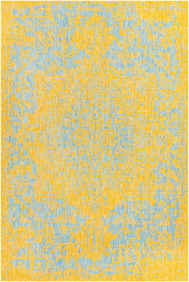 Yellow and Aqua 6' 1 x 9' Jill Zarin Outdoor Rectangle Area Rug Weather Resistant for Patio, Deck, Terrace, Balcony, Porch Durable 100% Polypropylene Carpet for Outside for Sale at Rug Engine