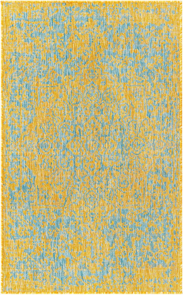 Yellow and Aqua 3' 1 x 5' 3 Jill Zarin Outdoor Rectangle Area Rug Weather Resistant for Patio, Deck, Terrace, Balcony, Porch Durable 100% Polypropylene Carpet for Outside for Sale at Rug Engine