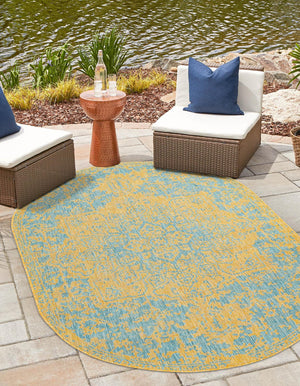 Yellow and Aqua 5' 3 x 8' Jill Zarin Outdoor Oval Area Rug Weather Resistant for Patio, Deck, Terrace, Balcony, Porch Durable 100% Polypropylene Carpet for Outside for Sale at Rug Engine