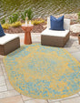 Yellow and Aqua 7' 10 x 10' Jill Zarin Outdoor Oval Area Rug Weather Resistant for Patio, Deck, Terrace, Balcony, Porch Durable 100% Polypropylene Carpet for Outside for Sale at Rug Engine