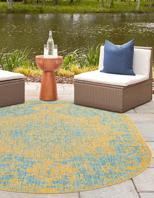Yellow and Aqua 7' 10 x 10' Jill Zarin Outdoor Oval Area Rug Weather Resistant for Patio, Deck, Terrace, Balcony, Porch Durable 100% Polypropylene Carpet for Outside for Sale at Rug Engine