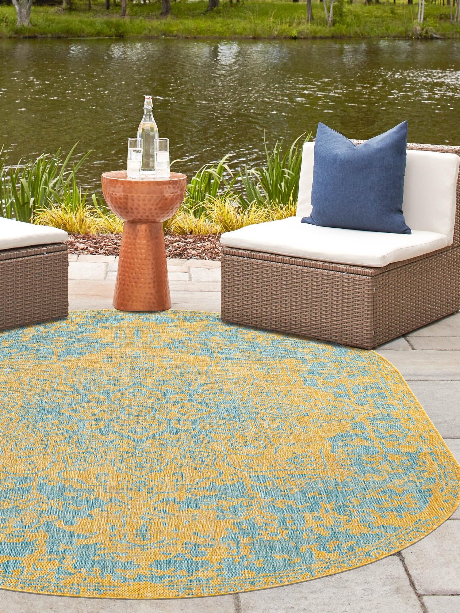 Yellow and Aqua 5' 3 x 8' Jill Zarin Outdoor Oval Area Rug Weather Resistant for Patio, Deck, Terrace, Balcony, Porch Durable 100% Polypropylene Carpet for Outside for Sale at Rug Engine