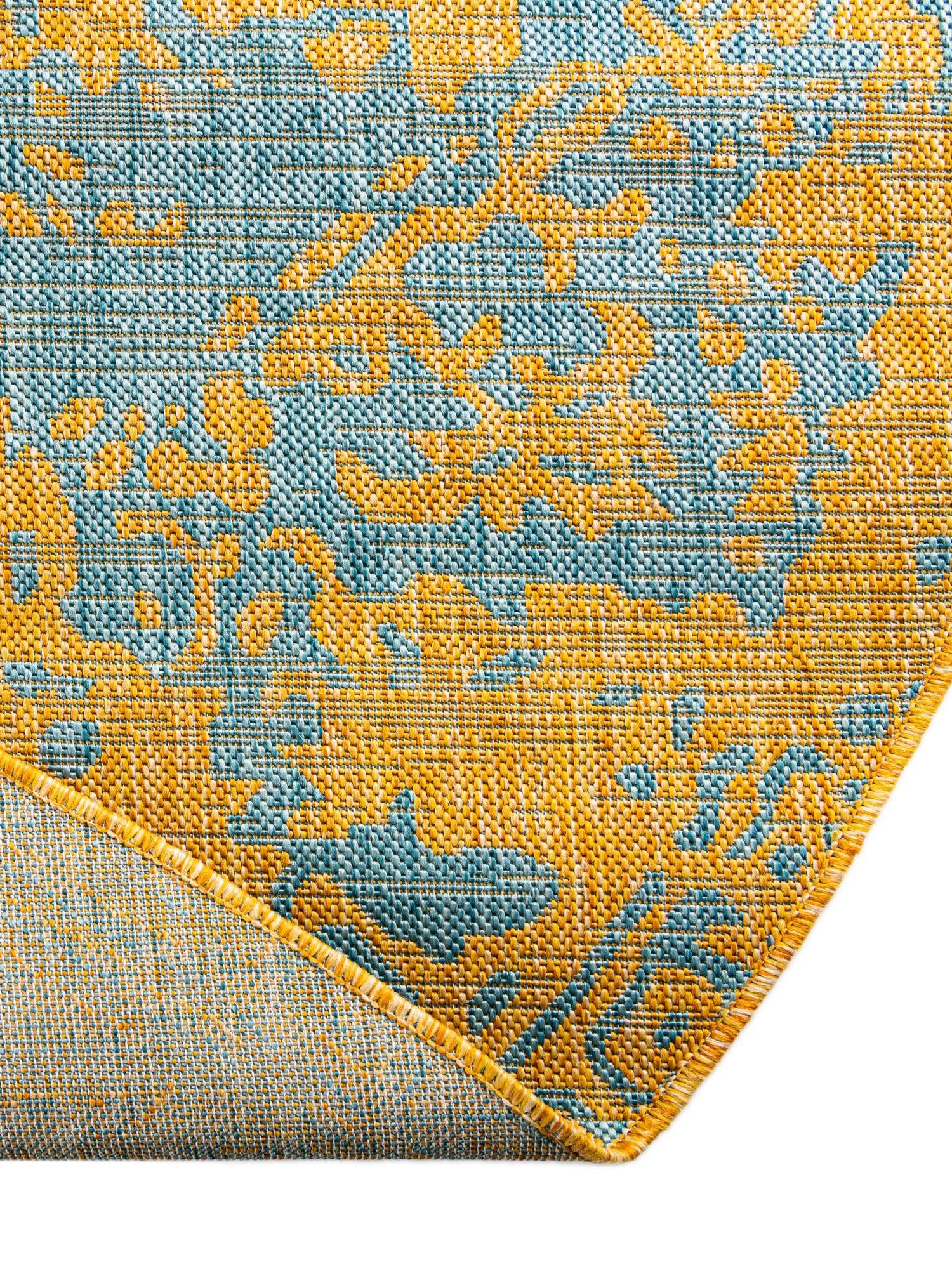 Yellow and Aqua 5' 3 x 8' Jill Zarin Outdoor Oval Area Rug Weather Resistant for Patio, Deck, Terrace, Balcony, Porch Durable 100% Polypropylene Carpet for Outside for Sale at Rug Engine