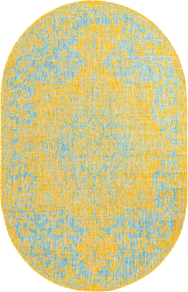 Yellow and Aqua 5' 3 x 8' Jill Zarin Outdoor Oval Area Rug Weather Resistant for Patio, Deck, Terrace, Balcony, Porch Durable 100% Polypropylene Carpet for Outside for Sale at Rug Engine