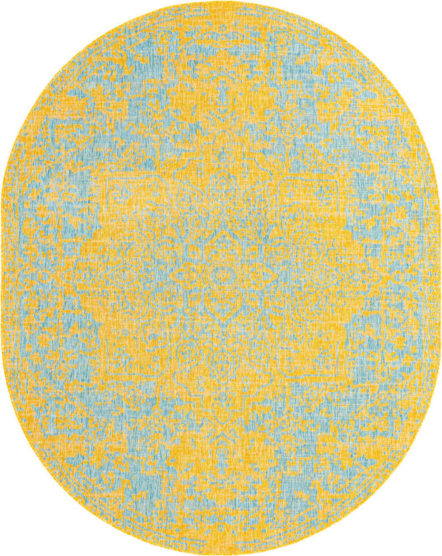 Yellow and Aqua 7' 10 x 10' Jill Zarin Outdoor Oval Area Rug Weather Resistant for Patio, Deck, Terrace, Balcony, Porch Durable 100% Polypropylene Carpet for Outside for Sale at Rug Engine