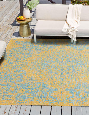 Yellow and Aqua 7' 10 x 7' 10 Jill Zarin Outdoor Square Area Rug Weather Resistant for Patio, Deck, Terrace, Balcony, Porch Durable 100% Polypropylene Carpet for Outside for Sale at Rug Engine