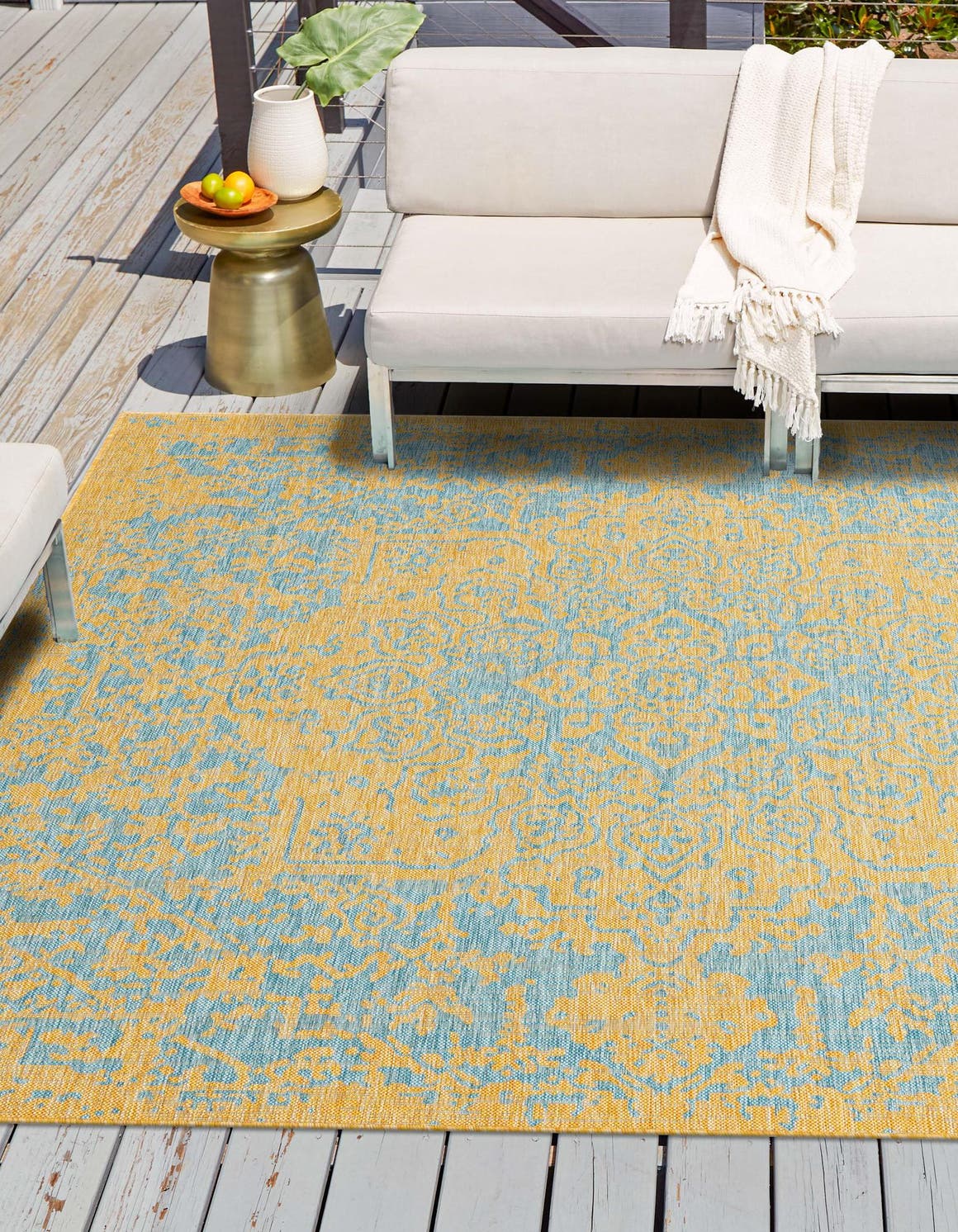 Yellow and Aqua 10' 8 x 10' 8 Jill Zarin Outdoor Square Area Rug Weather Resistant for Patio, Deck, Terrace, Balcony, Porch Durable 100% Polypropylene Carpet for Outside for Sale at Rug Engine