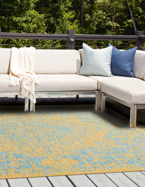 Yellow and Aqua 7' 10 x 7' 10 Jill Zarin Outdoor Square Area Rug Weather Resistant for Patio, Deck, Terrace, Balcony, Porch Durable 100% Polypropylene Carpet for Outside for Sale at Rug Engine