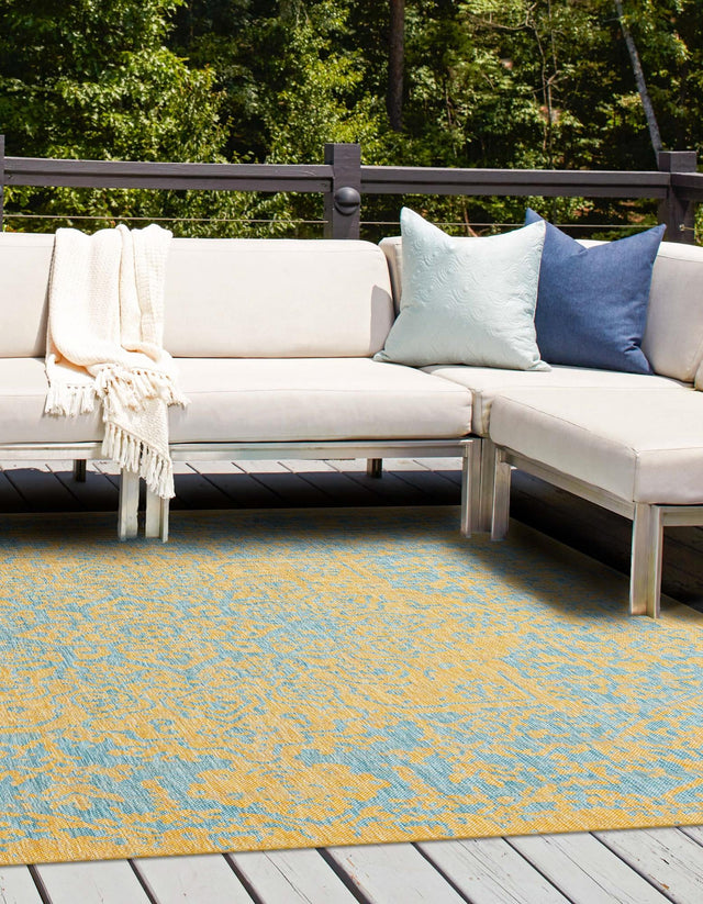 Yellow and Aqua 10' 8 x 10' 8 Jill Zarin Outdoor Square Area Rug Weather Resistant for Patio, Deck, Terrace, Balcony, Porch Durable 100% Polypropylene Carpet for Outside for Sale at Rug Engine
