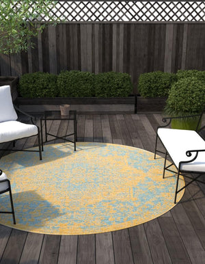 Yellow and Aqua 13' 1 x 13' 1 Jill Zarin Outdoor Round Area Rug Weather Resistant for Patio, Deck, Terrace, Balcony, Porch Durable 100% Polypropylene Carpet for Outside for Sale at Rug Engine