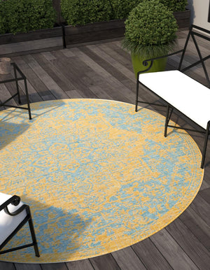 Yellow and Aqua 3' 1 x 3' 1 Jill Zarin Outdoor Round Area Rug Weather Resistant for Patio, Deck, Terrace, Balcony, Porch Durable 100% Polypropylene Carpet for Outside for Sale at Rug Engine
