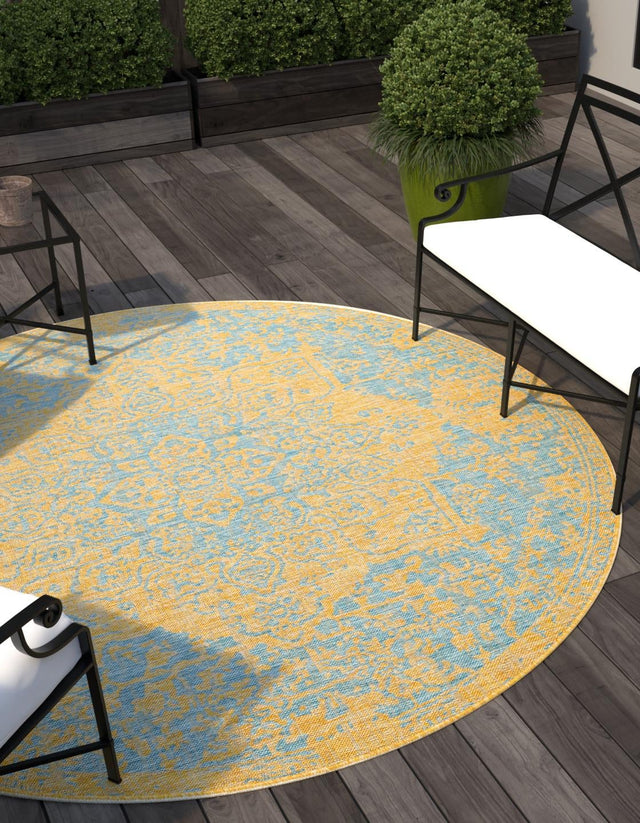 Yellow and Aqua 6' 7 x 6' 7 Jill Zarin Outdoor Round Area Rug Weather Resistant for Patio, Deck, Terrace, Balcony, Porch Durable 100% Polypropylene Carpet for Outside for Sale at Rug Engine