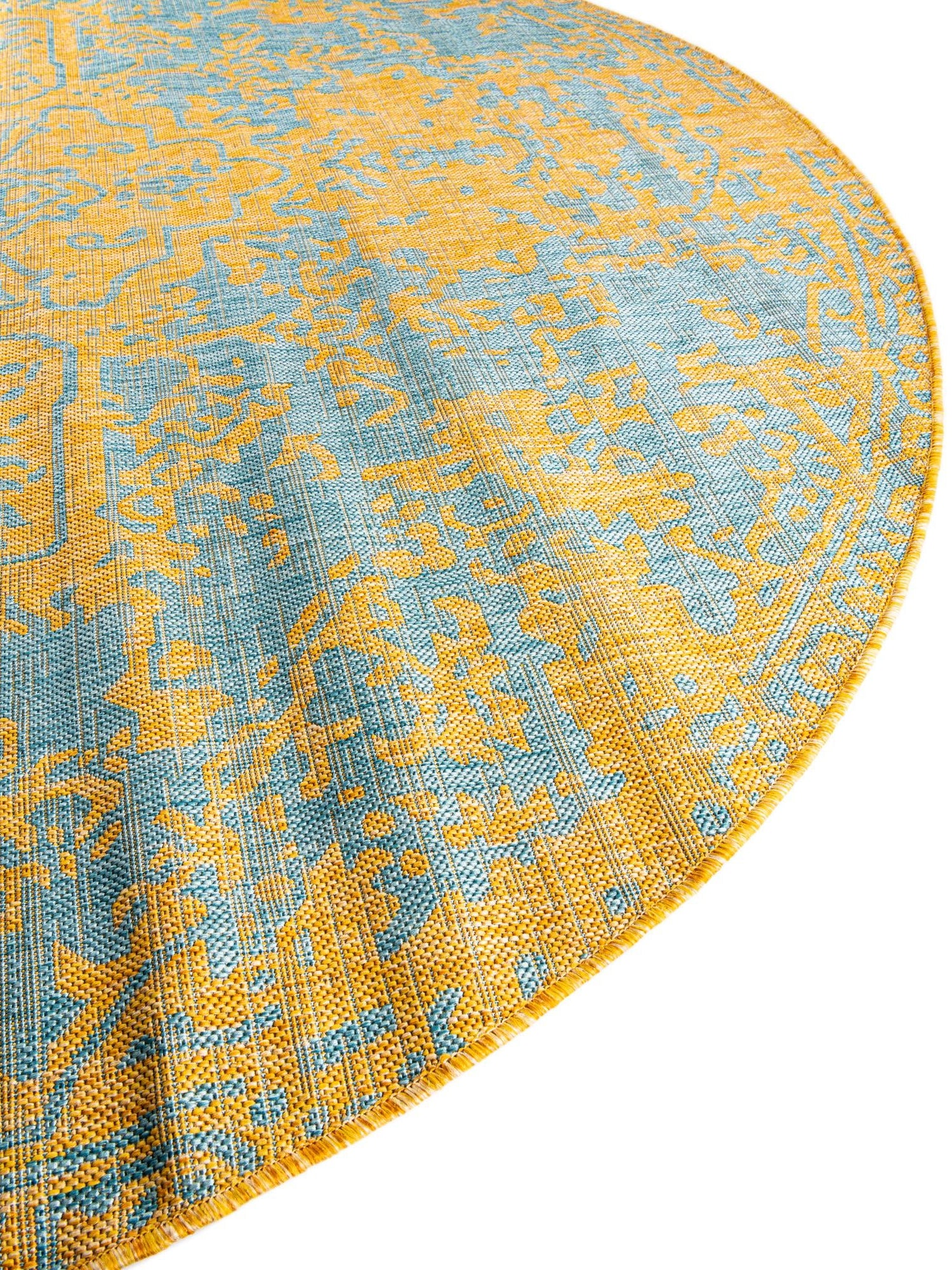 Yellow and Aqua 6' 7 x 6' 7 Jill Zarin Outdoor Round Area Rug Weather Resistant for Patio, Deck, Terrace, Balcony, Porch Durable 100% Polypropylene Carpet for Outside for Sale at Rug Engine