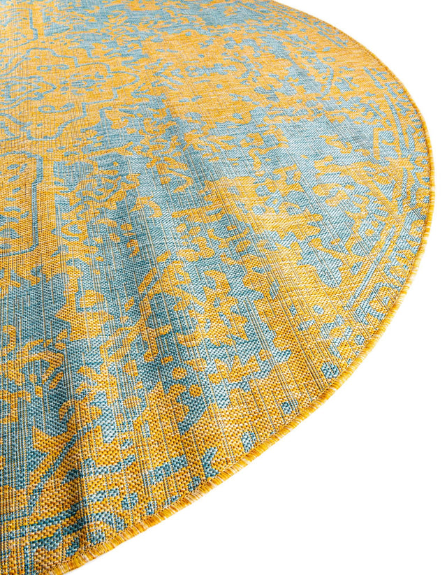 Yellow and Aqua 6' 7 x 6' 7 Jill Zarin Outdoor Round Area Rug Weather Resistant for Patio, Deck, Terrace, Balcony, Porch Durable 100% Polypropylene Carpet for Outside for Sale at Rug Engine