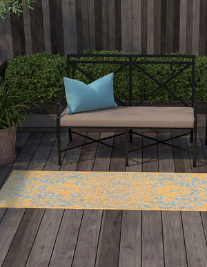 Yellow and Aqua 2' x 6' 1 Jill Zarin Outdoor Runner Area Rug Weather Resistant for Patio, Deck, Terrace, Balcony, Porch Durable 100% Polypropylene Carpet for Outside for Sale at Rug Engine