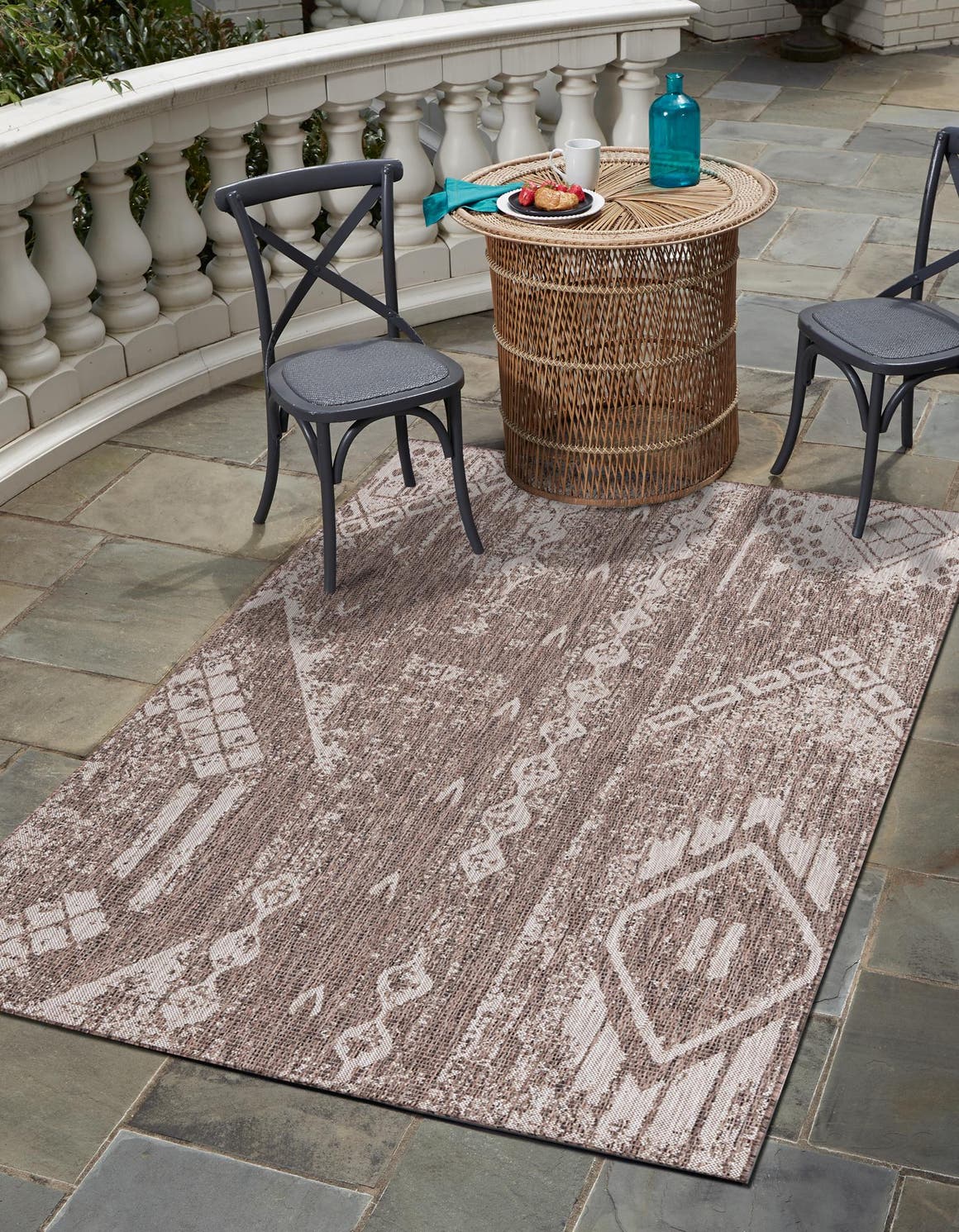 Brown 7' 10 x 10' Outdoor Bohemian Rectangle Area Rug Weather Resistant for Patio, Deck, Terrace, Balcony, Porch 100% Polypropylene Boho Carpet Mat for Sale at Rug Engine