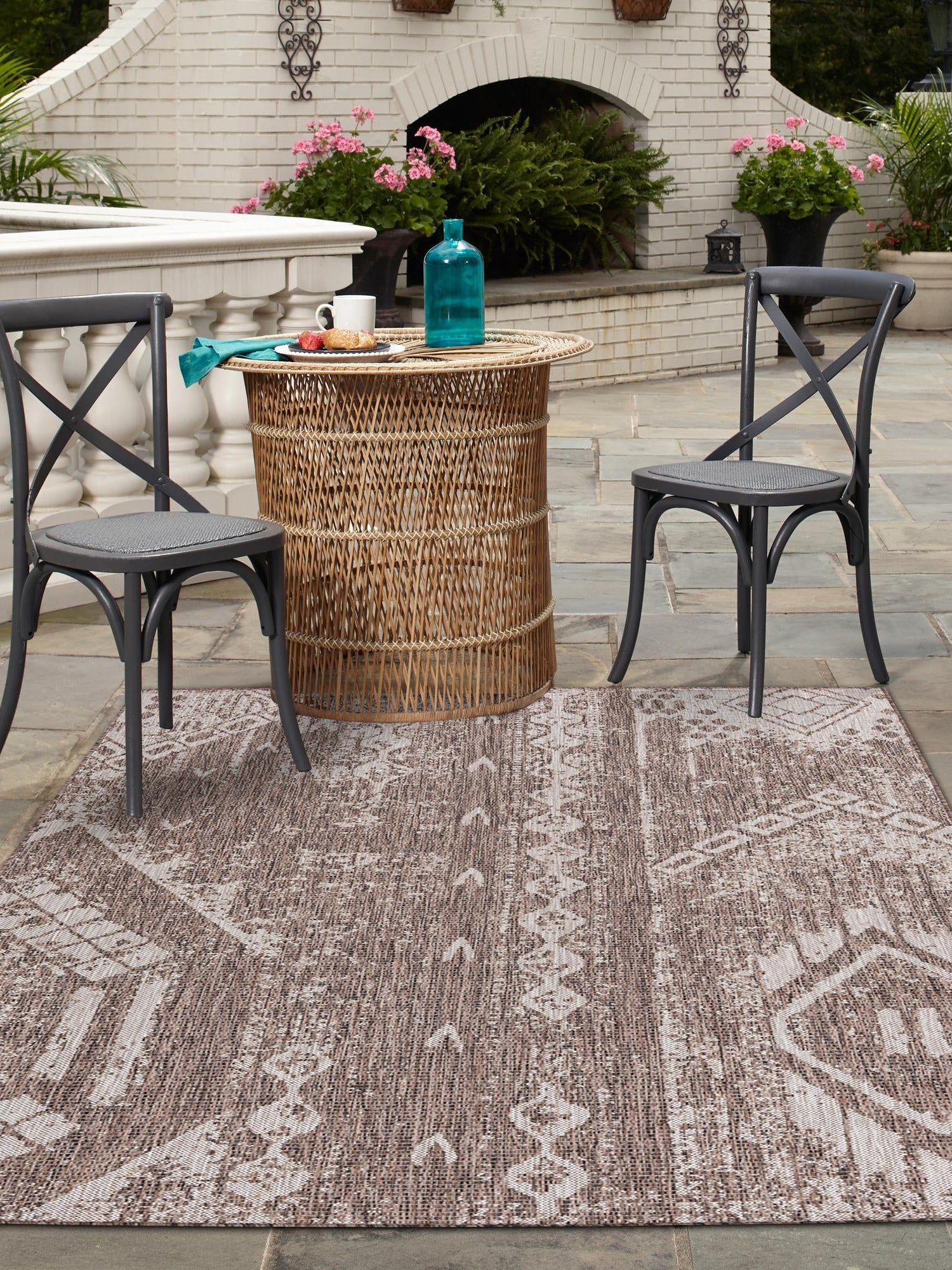 Brown 9' x 12' Outdoor Bohemian Rectangle Area Rug Weather Resistant for Patio, Deck, Terrace, Balcony, Porch 100% Polypropylene Boho Carpet Mat for Sale at Rug Engine