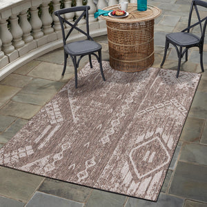 Brown 5' 3 x 8' Outdoor Bohemian Rectangle Area Rug Weather Resistant for Patio, Deck, Terrace, Balcony, Porch 100% Polypropylene Boho Carpet Mat for Sale at Rug Engine