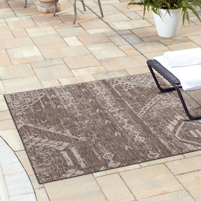 Brown 5' 3 x 5' 3 Outdoor Bohemian Square Area Rug Weather Resistant for Patio, Deck, Terrace, Balcony, Porch 100% Polypropylene Boho Carpet Mat for Sale at Rug Engine