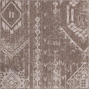 Brown 7' 1 x 7' 1 Outdoor Bohemian Square Area Rug Weather Resistant for Patio, Deck, Terrace, Balcony, Porch 100% Polypropylene Boho Carpet Mat for Sale at Rug Engine