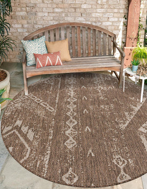 Brown 7' 10 x 7' 10 Outdoor Bohemian Round Area Rug Weather Resistant for Patio, Deck, Terrace, Balcony, Porch 100% Polypropylene Boho Carpet Mat for Sale at Rug Engine