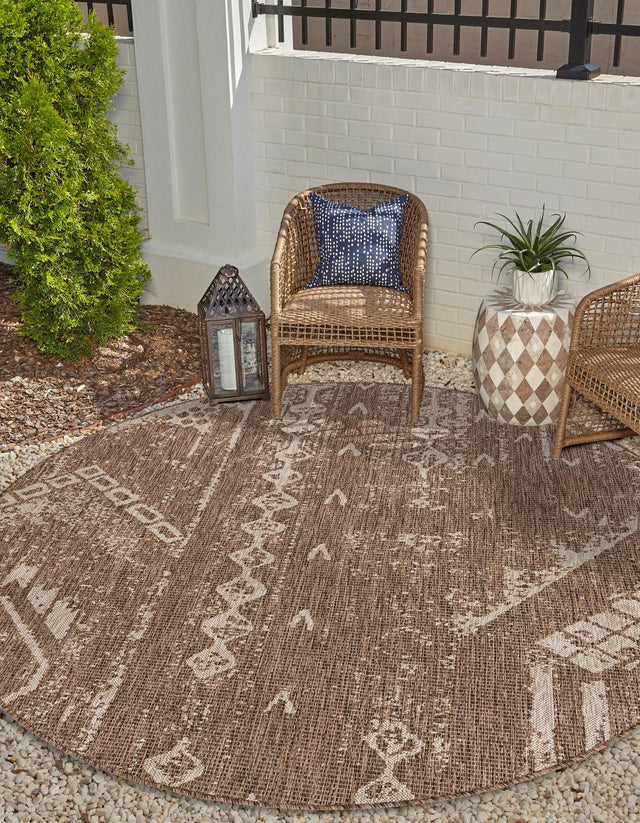 Brown 6' 1 x 6' 1 Outdoor Bohemian Round Area Rug Weather Resistant for Patio, Deck, Terrace, Balcony, Porch 100% Polypropylene Boho Carpet Mat for Sale at Rug Engine
