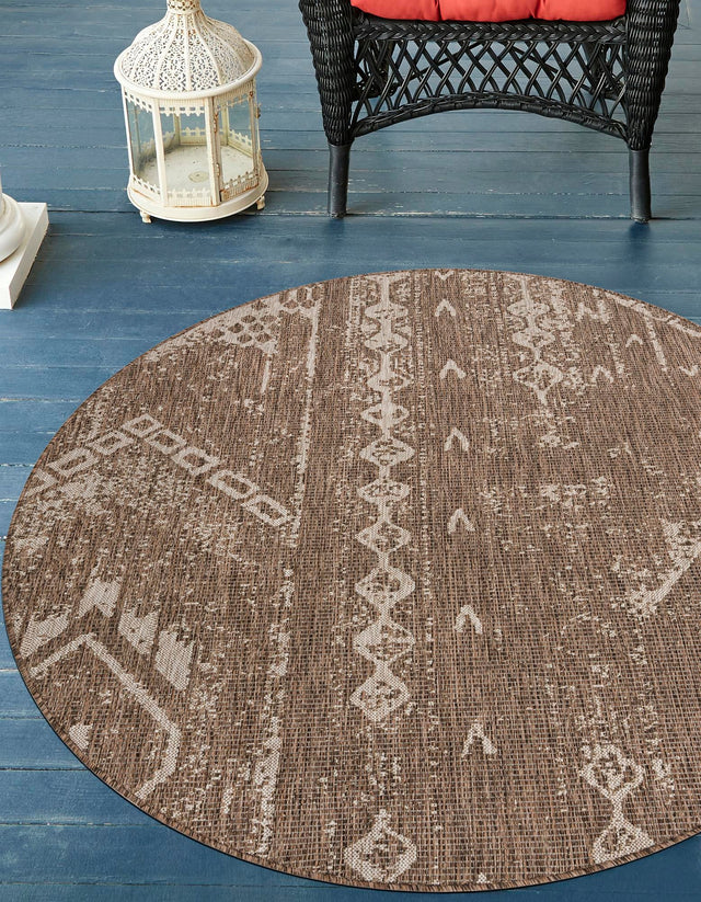 Brown 3' 1 x 3' 1 Outdoor Bohemian Round Area Rug Weather Resistant for Patio, Deck, Terrace, Balcony, Porch 100% Polypropylene Boho Carpet Mat for Sale at Rug Engine