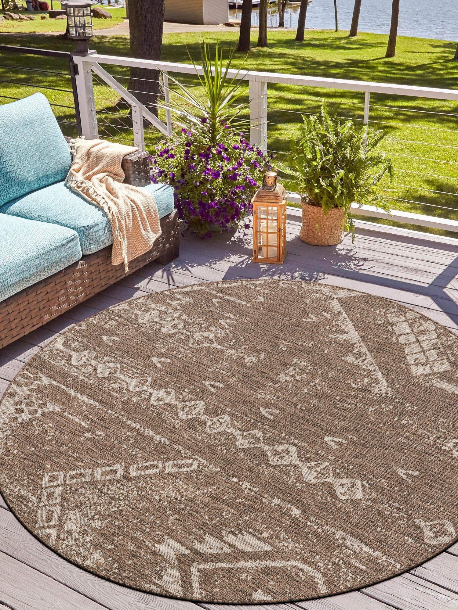 Brown 4' 1 x 4' 1 Outdoor Bohemian Round Area Rug Weather Resistant for Patio, Deck, Terrace, Balcony, Porch 100% Polypropylene Boho Carpet Mat for Sale at Rug Engine
