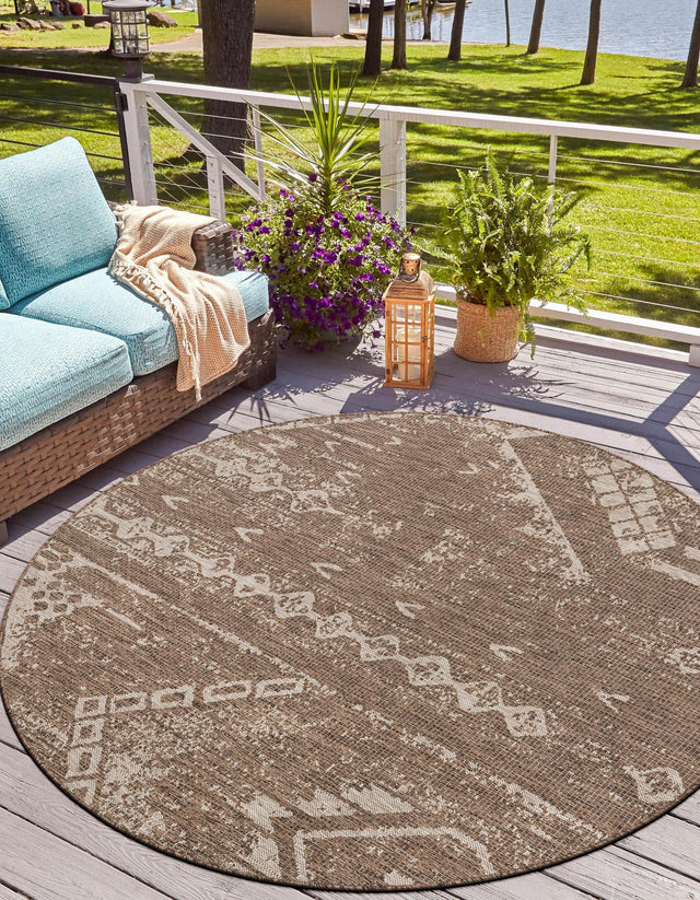 Brown 13' 1 x 13' 1 Outdoor Bohemian Round Area Rug Weather Resistant for Patio, Deck, Terrace, Balcony, Porch 100% Polypropylene Boho Carpet Mat for Sale at Rug Engine